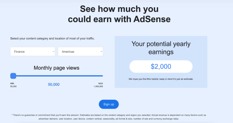 Blog monetization calculator showing potential earnings based on traffic volume and conversion rates